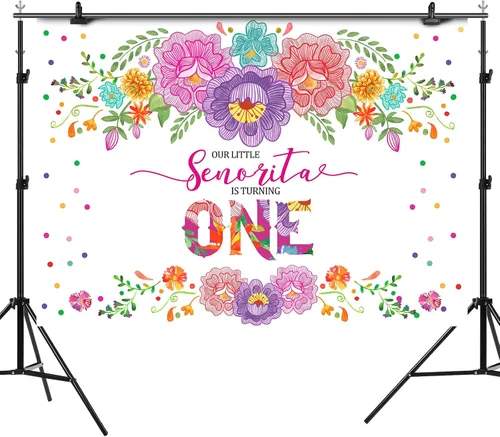 Vista 5 de Fondo de fiesta mexicana para el primer cumpleaños para niñas, flores, Senorita Turning One, fondo de fotografía de 7 x 5 pies, fiesta de niña