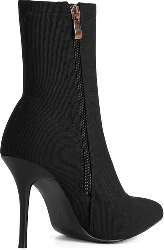 Vista 5 de vivianly Botines elásticos con punta puntiaguda, botas de tobillo a media pantorrilla, botas de tacón de aguja para mujer negro (Black-Stretch)
