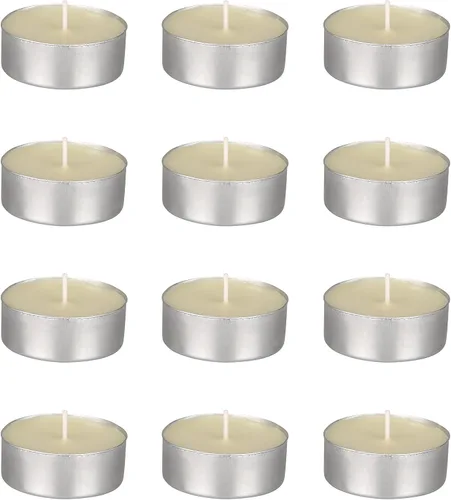 Vista 5 de Mega Candles 4 velas de té grises de gran tamaño sin perfume, velas de cera prensada, 12 horas de tiempo de combustión, decoración del hogar Gris