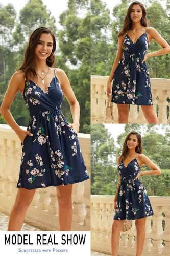 Vista 2 de Styleword - Vestido informal de verano para mujer con vuelo, de estampado floral o liso, con cuello en V, tirantes delgados y con bolsillos