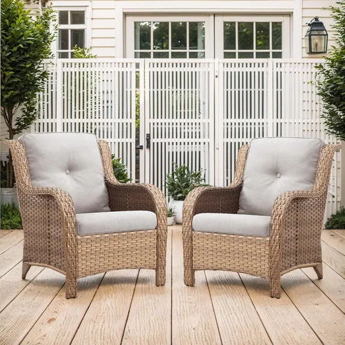 Vista 9 de Belord Mesa auxiliar pequeña para exteriores, mesa de mimbre de vidrio templado, mesa de centro impermeable para patio, mesa auxiliar de ratán