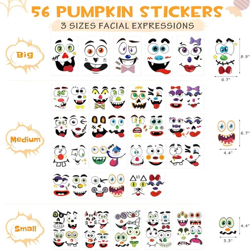 Vista 2 de Calcomanías decorativas de calabaza de Halloween, 26 hojas, 56 calcomanías faciales en total, kit de manualidades de pintura de calabaza, decoración