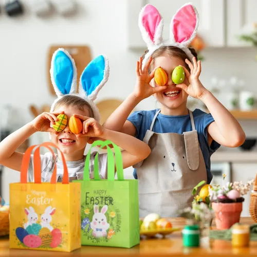 Vista 5 de Tudomro 20 bolsas de Pascua con asas, bolsas no tejidas de conejo, reutilizables, bolsa de compras de comestibles de Pascua, para cocina