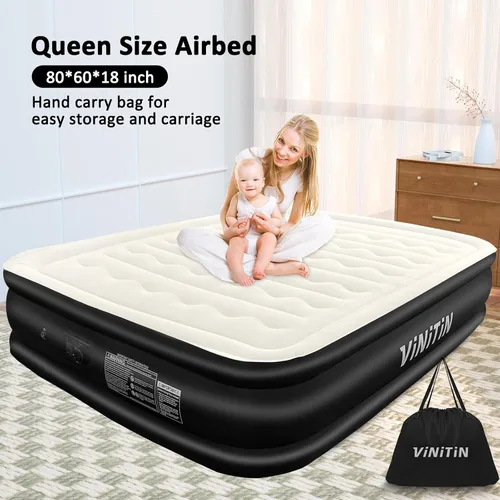 Vista 9 de Colchón de aire Queen con bomba integrada, colchón inflable elevado de 18 pulgadas con autoinflado/desinflado, colchón inflable con superficie