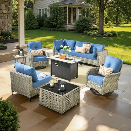 Vista 18 de ovios Muebles de patio de 8 piezas con hoguera, juego de conversación de mimbre de ratán para exteriores con mesa de centro brillante, cómodo sofá