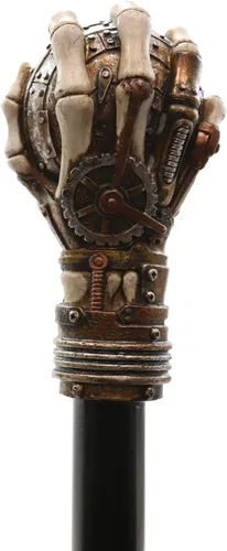 Vista 4 de Ebros Steampunk esqueleto agarrando a mano el mal de ojo con engranajes de reloj esculpidos, bastón de bastón de bastón de 38 pulgadas de largo