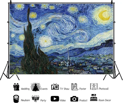 Vista 3 de Van Gogh Noche estrellada de 5 x 3 pies, fondo de fotografía estética de noche estrellada, pintura al óleo, arte abstracto, decoración rústica