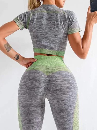 Vista 4 de JOYMODE - Conjunto de entrenamiento para mujer diseño de 2 piezas con leggings de tiro alto sin costuras y camiseta corta para yoga