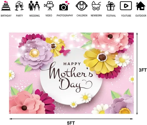 Vista 3 de Lofaris Telón de fondo para fiesta del día de la madre, corazón de amor, flores moradas y rosas, fondo de fotografía para mujer, feliz día