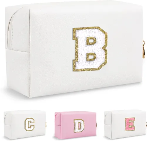 Vista 10 de Biileen Bolsa de Maquillaje Preppy Personalizada con Inicial Pequeña Bolsa de Viaje Linda con Letra de Chenilla, blanco-1, F