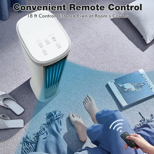 Vista 4 de GOFLAME Enfriador de aire evaporativo portátil, ventilador de refrigeración de aire 3 en 1 con control remoto, 4 velocidades de viento, función
