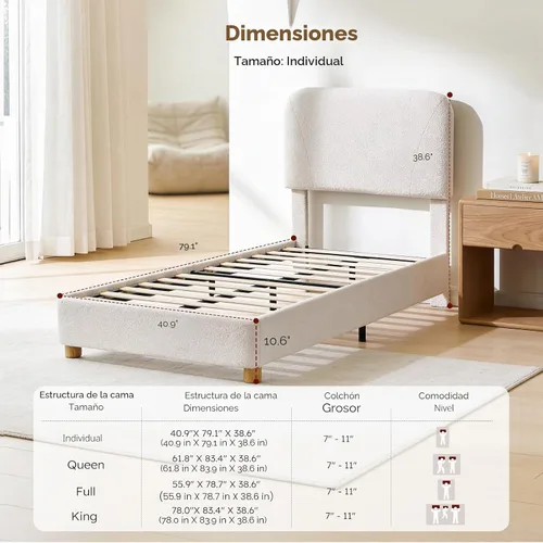 Vista 2 de Estructura de cama en forma de nube BERRY NEST, estructura de cama suave de bouclé con cabecero ajustable, patas de madera maciza, diseño