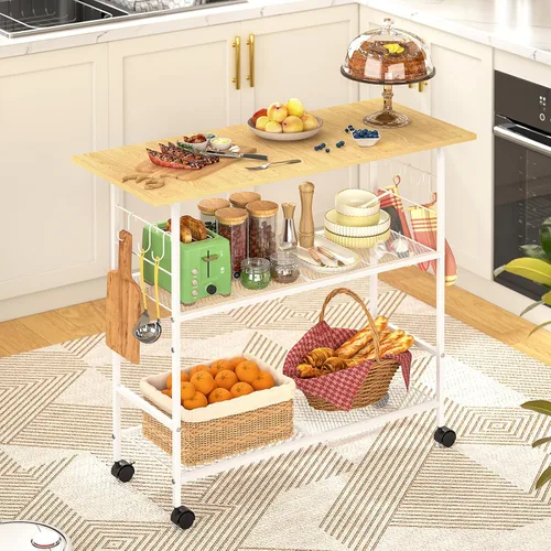 Vista 10 de Isla de cocina con 3 estantes, carrito de cocina rodante con 6 ganchos y estante protector, soporte de microondas con ruedas bloqueables, estante
