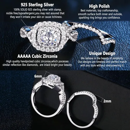 Vista 6 de Newshe - Juego de anillos de compromiso para mujer, plata esterlina 925 de 1.8 quilates, redondo, blanco, AAA Cz, tamaño 5-10