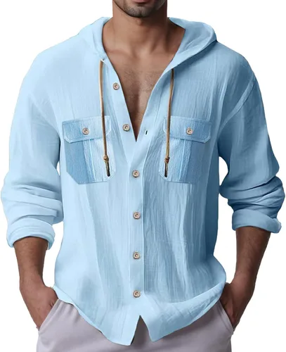 Vista 11 de Sudaderas con capucha de lino y algodón para hombre, camisas guayabera de manga larga con capucha con cordón y botones, camisas de playa