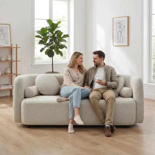 Vista 6 de Sofá curvado compacto de 69 pulgadas para espacios pequeños y apartamentos, sofá boucle de estilo japonés, sofá minimalista de 2 plazas con marco
