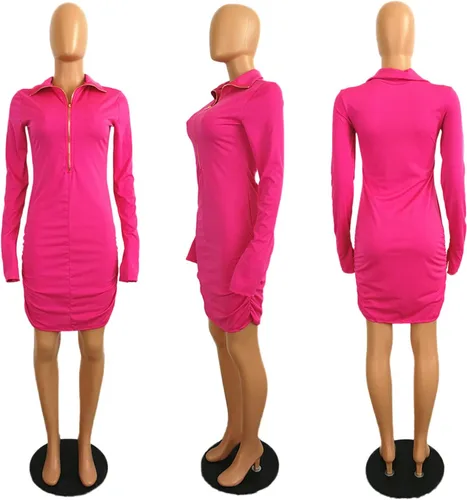 Vista 4 de Vestido sexy de manga larga con cremallera de cuello alto para mujer, con volantes, color liso, para fiesta de club