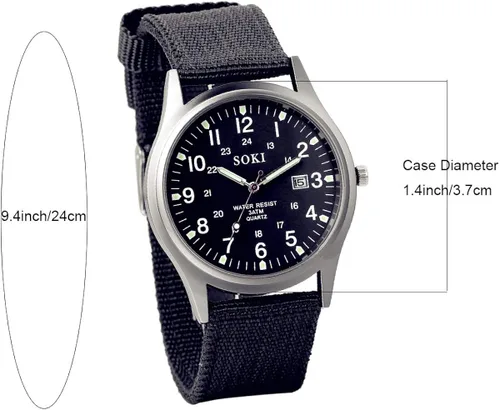 Vista 4 de Lancardo Simplicity - Reloj analógico de cuarzo con banda de nailon tejida con mano luminosa, hora militar 24H (negro), Reloj de cuarzo