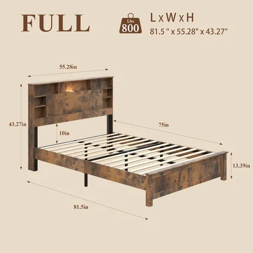 Vista 2 de Base de cama con cabecera de almacenamiento, plataforma de madera con estantes, carga USB y tipo C y luces LED, no necesita somier, sin ruido, fácil