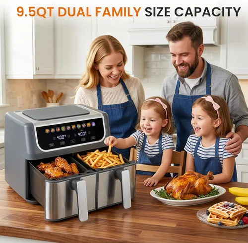 Vista 3 de [Usado] HealSmart Freidora de aire de doble zona de 9.5 cuartos de galón, horno freidora de aire multifuncional 10 en 1 de 1700 W, control de Negro