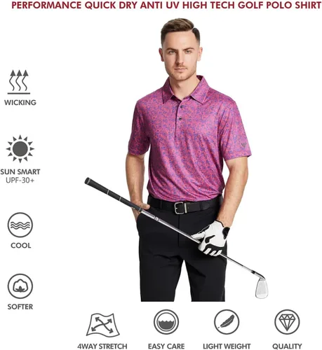Vista 5 de Golf Shirts for Men Dry Fit Short Sleeve Print Performance Moisture Wicking Polo Shirt