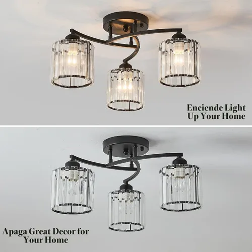 Vista 2 de Candelabro de cristal negro, lámpara de techo de 3 luces, accesorio de iluminación moderno para sala de estar, comedor, dormitorio
