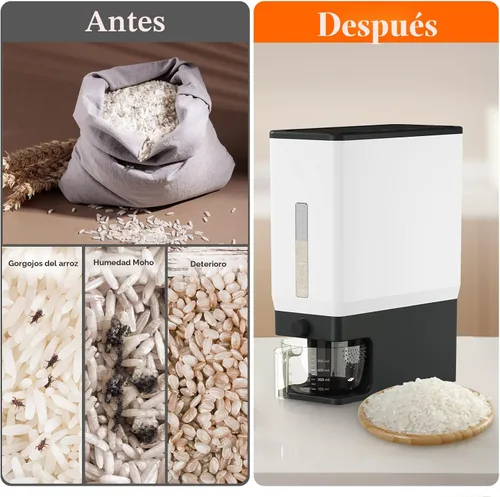 Vista 5 de Lifewit Dispensador de arroz de 25 libras (24.9 lbs), recipiente de almacenamiento de arroz sellado a prueba de humedad con taza medidora para Negro