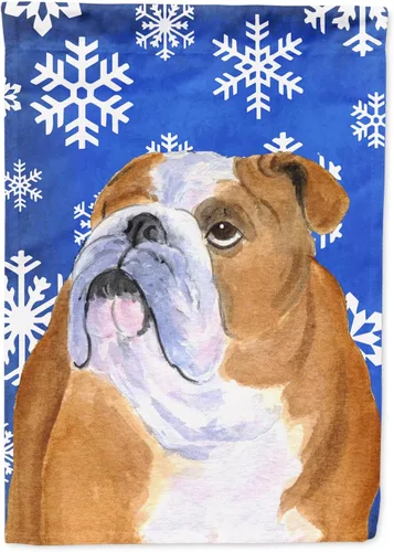 Vista 127 de Caroline's Treasures SC9374GF Bulldog English Snow flakes Holiday Garden Flag Buzón Bandera decorativa para patio exterior, patio, obras de arte