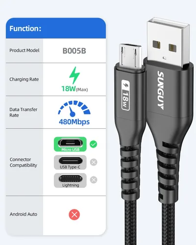 Vista 2 de SUNGUY Cable micro USB corto de 6 pulgadas, paquete de 3, cable USB a micro USB de 0.5 pies, cable de transferencia de datos USB 2.0 trenzado