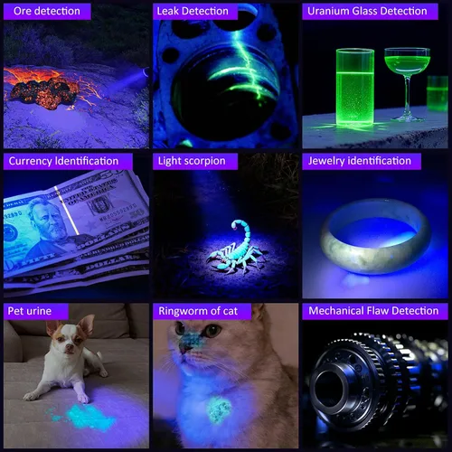 Vista 7 de Linterna UV de 365nm luz negra recargable, potente linterna de luz negra
