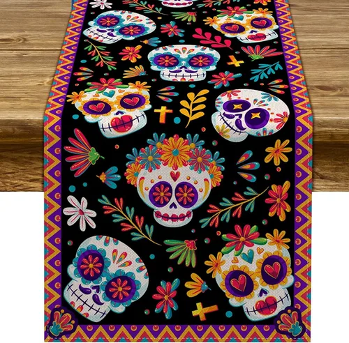 Vista 6 de Pudodo Camino de mesa del Día de los Muertos con calavera de azúcar, Día de los Muertos, festival mexicano, vacaciones, cocina, comedor, decoración