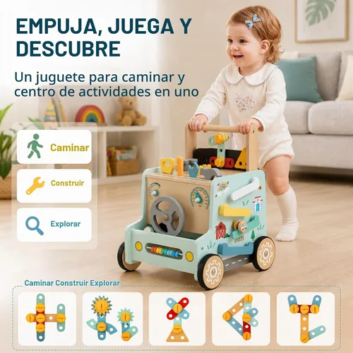 Vista 5 de Andador de madera para bebés, banco de herramientas de empuje de juguete