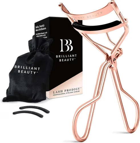 Vista 9 de Brilliant Beauty - Rizador de pestañas, bolsa de satén y almohadillas de repuesto, color dorado Pestañas rizadas dramáticamente, levantamiento