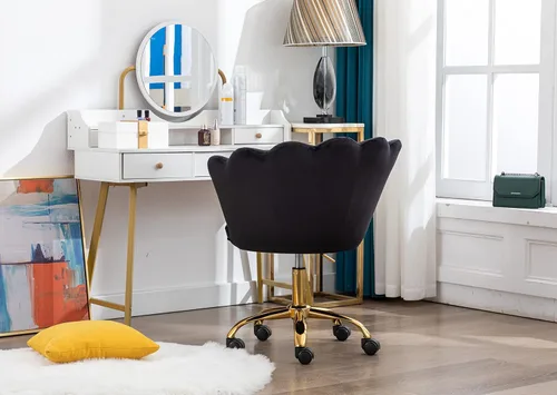 Vista 7 de Cómoda silla de trabajo para oficina en casa con ruedas, bonita y moderna tapizada de terciopelo con respaldo de concha, silla de escritorio Negro