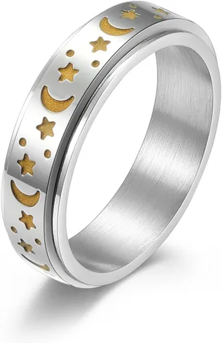 Vista 6 de Anillo Giratorio de Acero Inoxidable, Anillo Luminoso Rotatable de Luna y Estrella, Anillos de Dedo para Ansiedad, Anillo de Halloween, Anillo