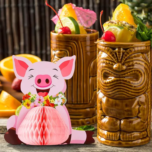 Vista 5 de Zonon 4 piezas de decoración de fiesta de cerdo Luau, centros de mesa de tejidos, cerdo rosa, animales de granja, decoraciones para cumpleaños