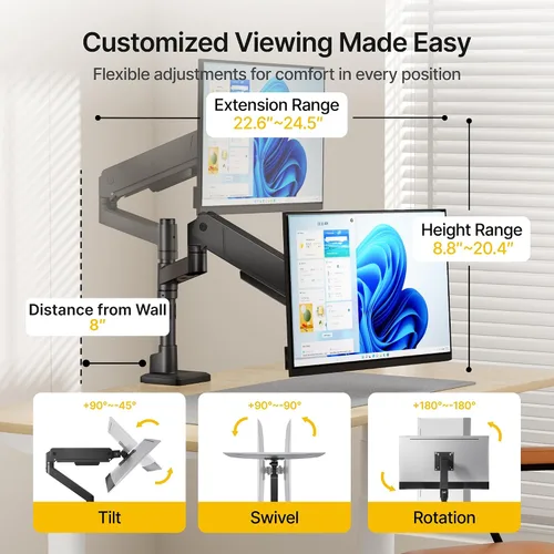 Vista 2 de monTEK - Brazo de monitor individual alto para pantalla curva de 17 a 45 pulgadas, brazo de monitor ultra ancho ajustable mejorado de alta