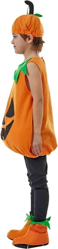 Vista 6 de ReneeCho Disfraz de calabaza para niños, disfraz de Halloween para niños, divertido fiesta de cosplay, negro y amarillo con sombrero y zapatos