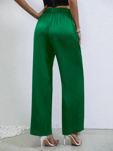 Vista 2 de SweatyRocks Pantalones largos de satén de cintura alta para mujer, de pierna ancha, casuales, trabajo, oficina, de seda sintética con bolsillos