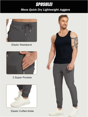 Vista 5 de SPOSULEI Mens Lightweight Athletic Joggers Hiking Sweatpants Quick Dry Running Workout Tapered Pants with Zipper Pockets