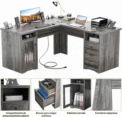 Vista 5 de Unikito Escritorio en forma de L con cajones, escritorios esquineros para computadora de 60 pulgadas con puerto de carga USB y toma de corriente