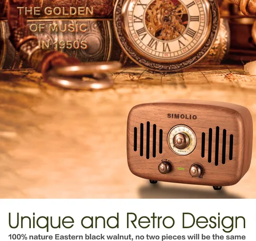 Vista 7 de SIMOLIO Altavoces Bluetooth retro de radio vintage, fuerte y potente sonido estéreo de 2 x 8 W, altavoz de madera de nogal negro natural con radio