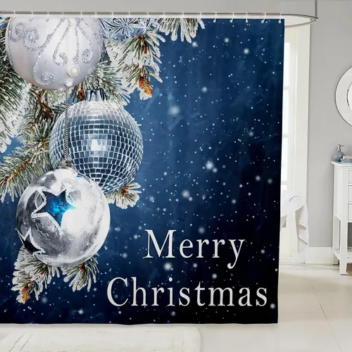 Vista 18 de Homewish Cortina de ducha de árbol de Navidad, juego de cortina de ducha de baño con diseño de copo de nieve dorado para niños y adultos, cortina