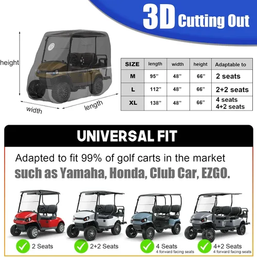 Vista 2 de Funda para carrito de golf para 2+2/4 pasajeros, se adapta a EZGO, Club Car, Yamaha, 420D, impermeable, resistente al viento, resistente al sol