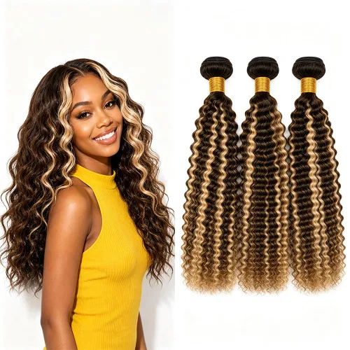 Vista 219 de P4613 Cabello humano rizado onda profunda marrón y paquetes mixtos 8 10 12 P4613 Ombre Marrón-Rubio-DP
