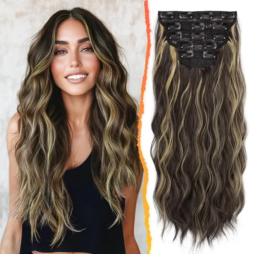 Vista 46 de BARSDAR Extensiones de cabello ondulado con clip negro marrón - 14 pulgadas, extensiones de cabello corto ondulado con clip para mujer - 5 piezas