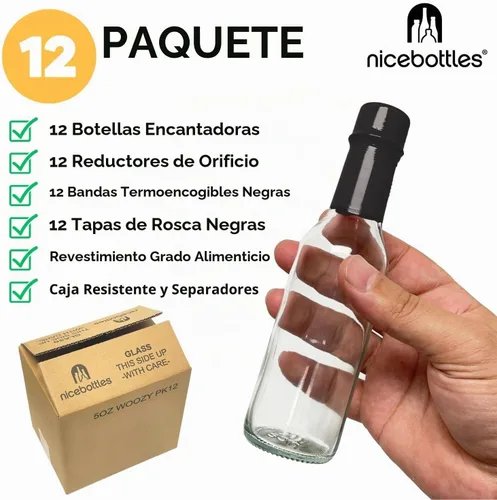 Vista 2 de nicebottles Botellas de salsa picante con tapas negras y bandas retráctiles, 5 onzas, paquete de 12 Gorras negras y bandas retráctiles