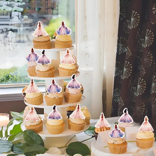 Vista 2 de 40 piezas de vestidos de princesa comestibles para cupcakes, color rosa y morado, vestido de noche para despedidas de soltera, bodas, princesas