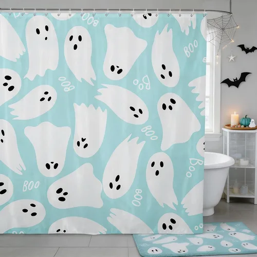 Vista 17 de Happy Halloween Shower Curtain,Bowknot Snowflake Pattern Bathroom Curtains,Sweet Ghost Holiday Theme Waterproof Bath Curtain,Black Bathroom Curtains
