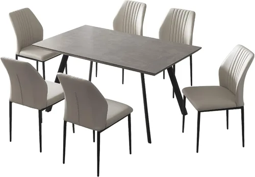 Vista 32 de ZckyCine Conjunto moderno de mesa de comedor de 5 piezas con mesa rectangular de madera y 4 sillas tapizadas en cuero, capacidad para 4 personas
